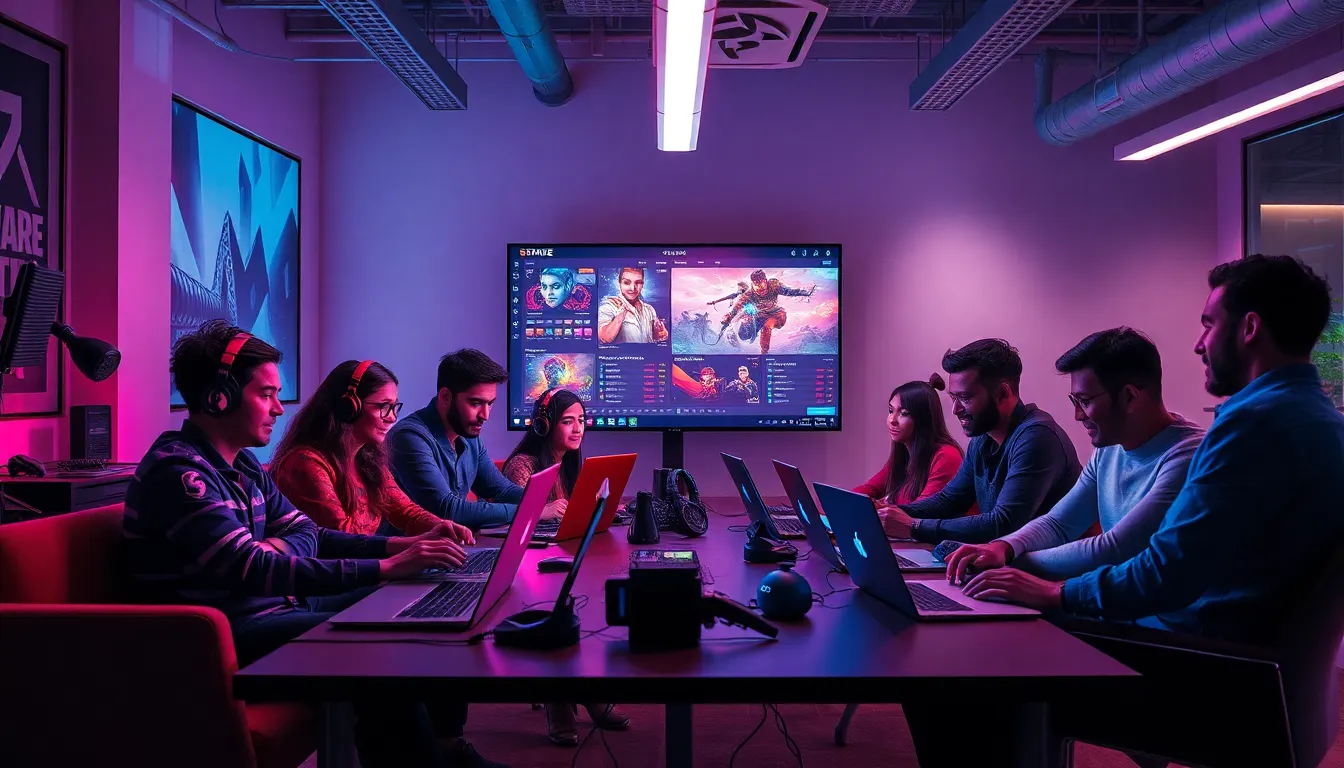 professionals collaborating around esports data in a modern office.