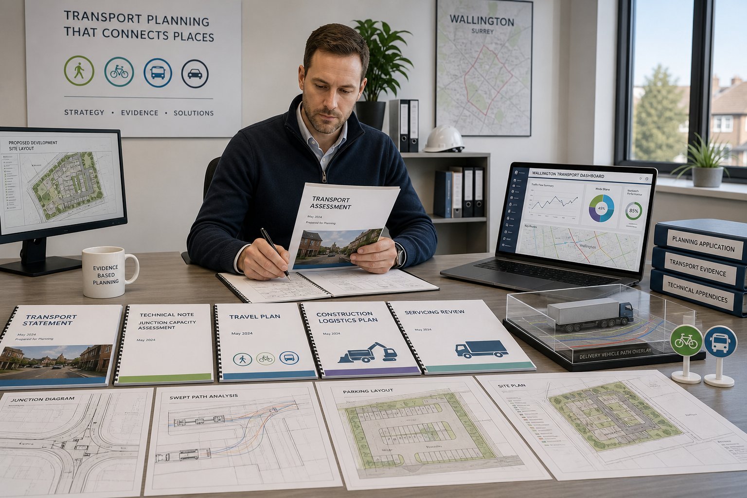 Traffic engineer reviewing planning and transport reports in a modern UK office.