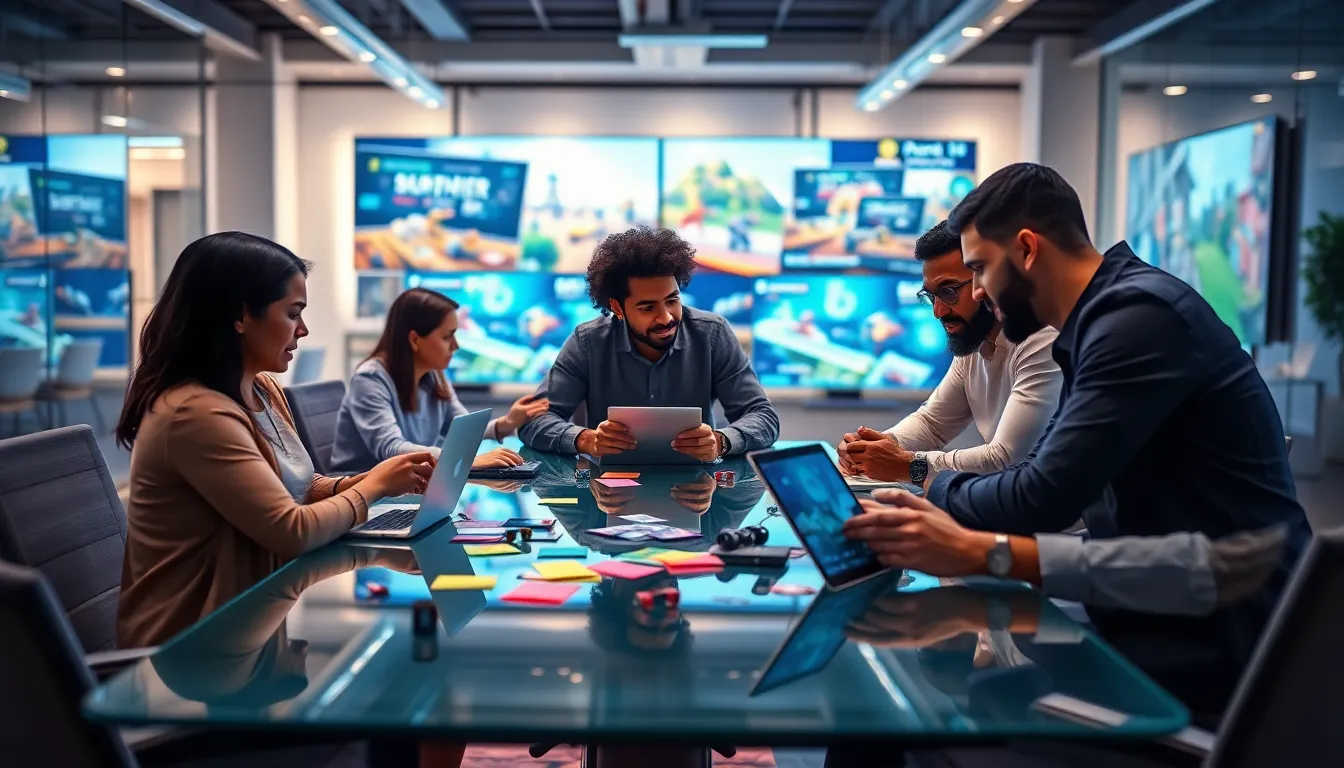 diverse team collaborating on game development in a modern office.