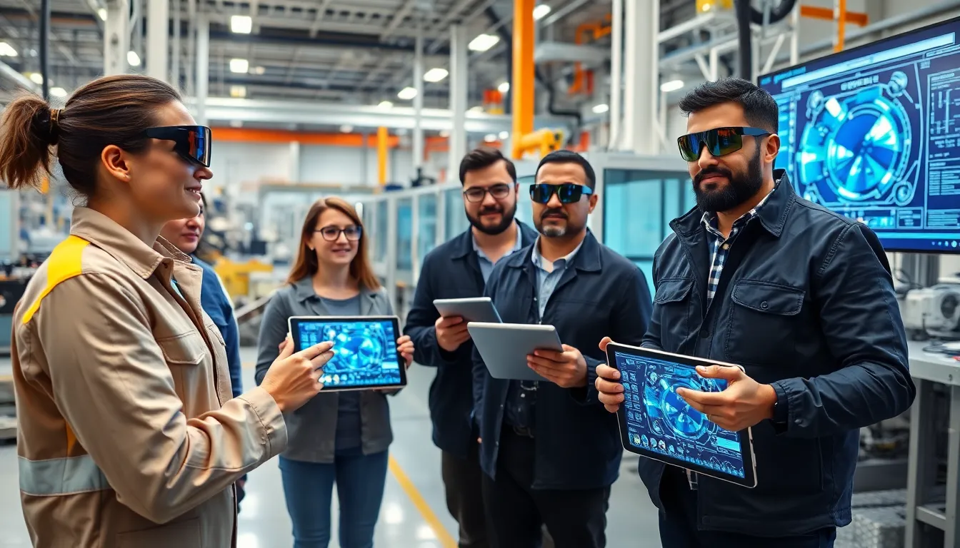 engineers using augmented reality in a modern manufacturing setting.