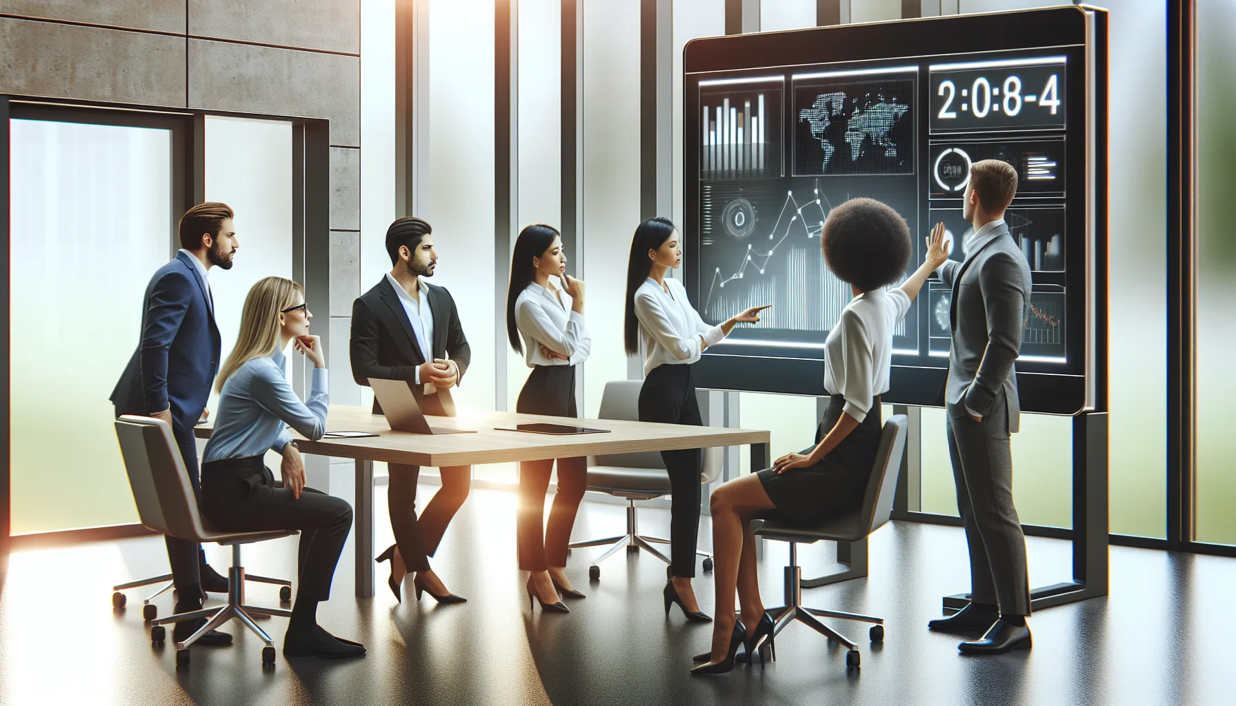 diverse team discussing data in a modern office setting.