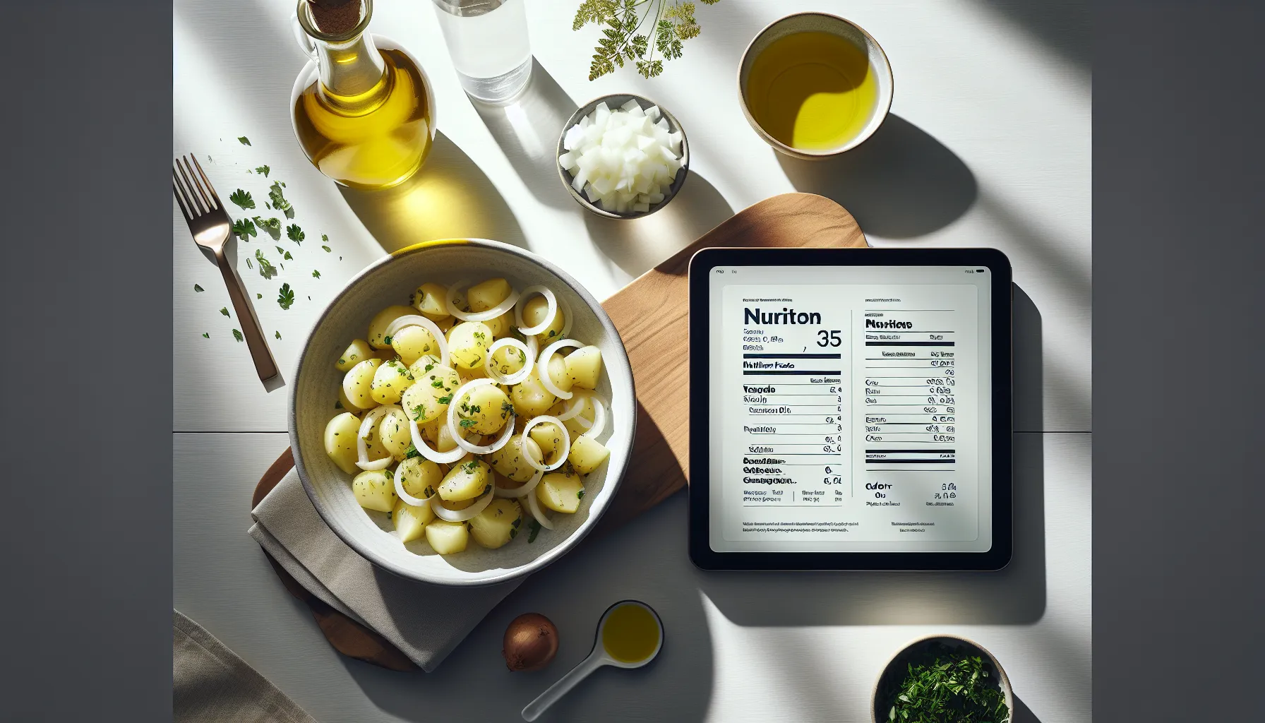 Classic potato salad in a white bowl with nutritional info tablet nearby.