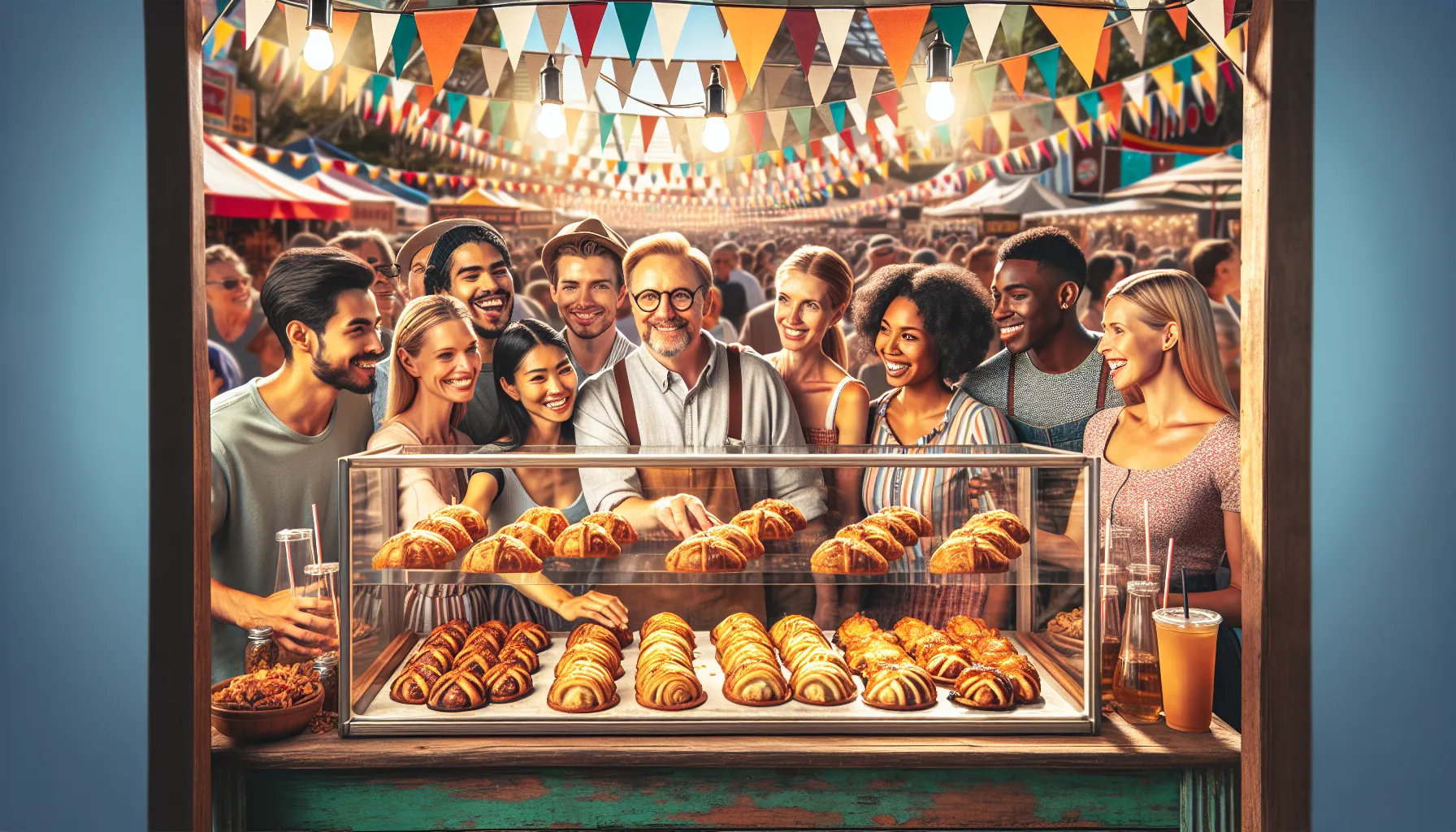 a food stall serving csavchels at a lively outdoor festival.