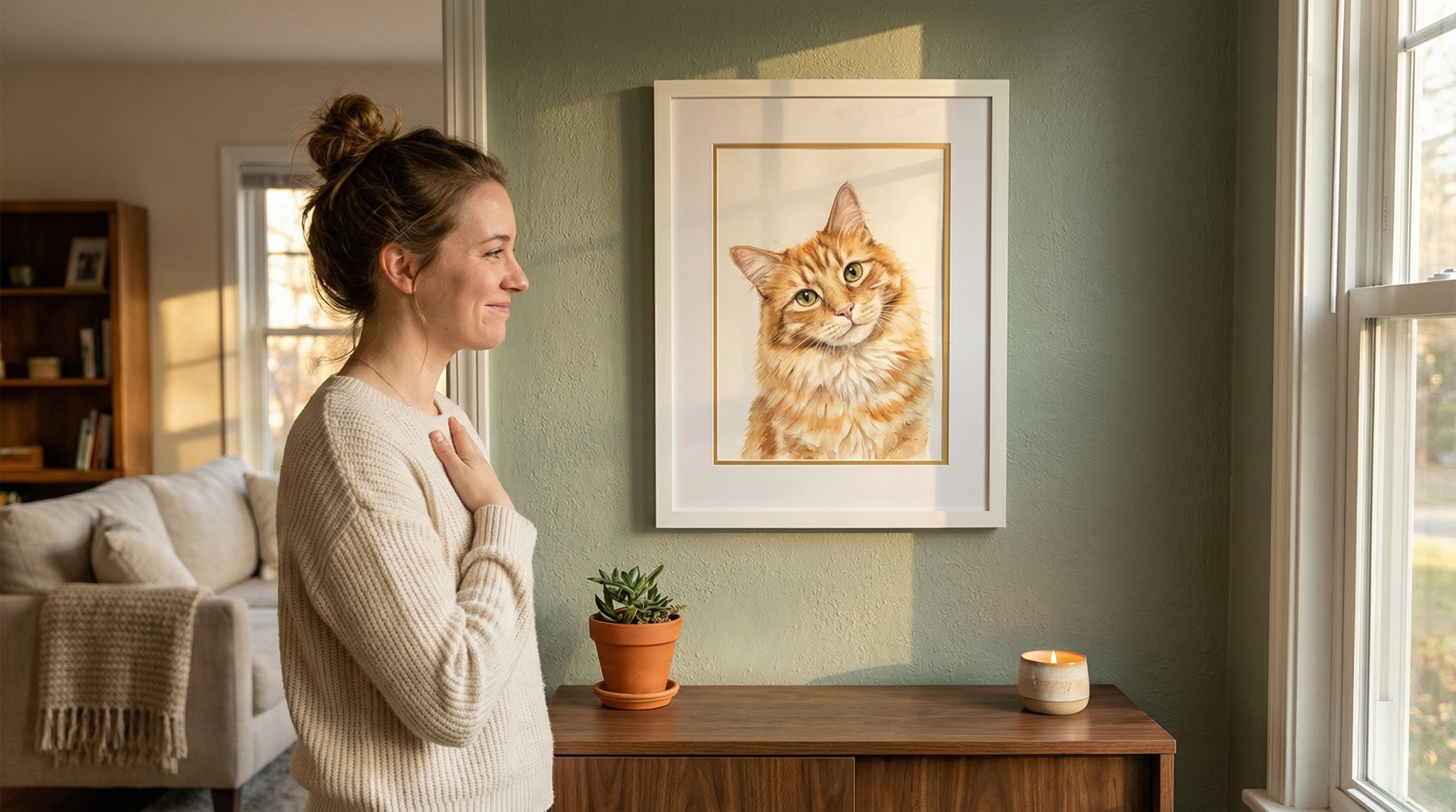 Woman smiling at a framed cat memorial portrait on her living room wall.
