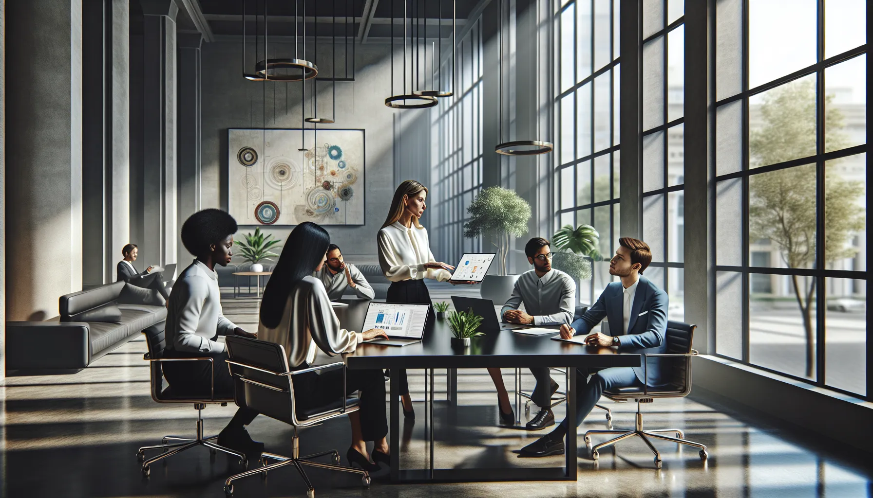 Plagibot Com Free Call Number: Your Key to Quick Access 8 professionals collaborating over a laptop in a modern office.