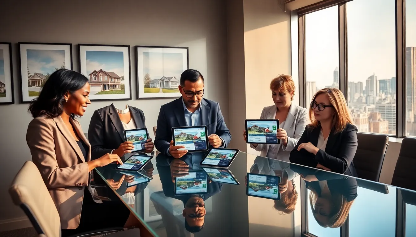 a diverse team collaborating in a modern real estate office.