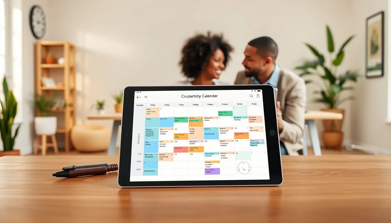 co-parenting calendar being discussed by a diverse couple in a modern office.