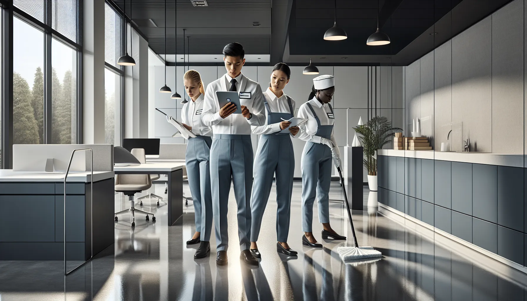 Cleaners using a digital checklist in a tidy modern office.