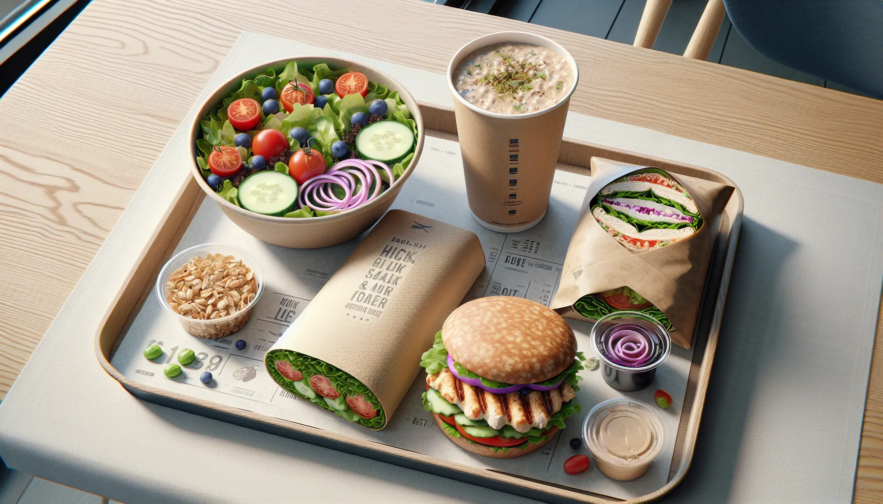 Sunn fast food? Disse kjedene tilbyr næringsrike alternativer 3 Healthy fast-food tray with salad, wrap, lettuce-wrapped burger, oatmeal, and water.