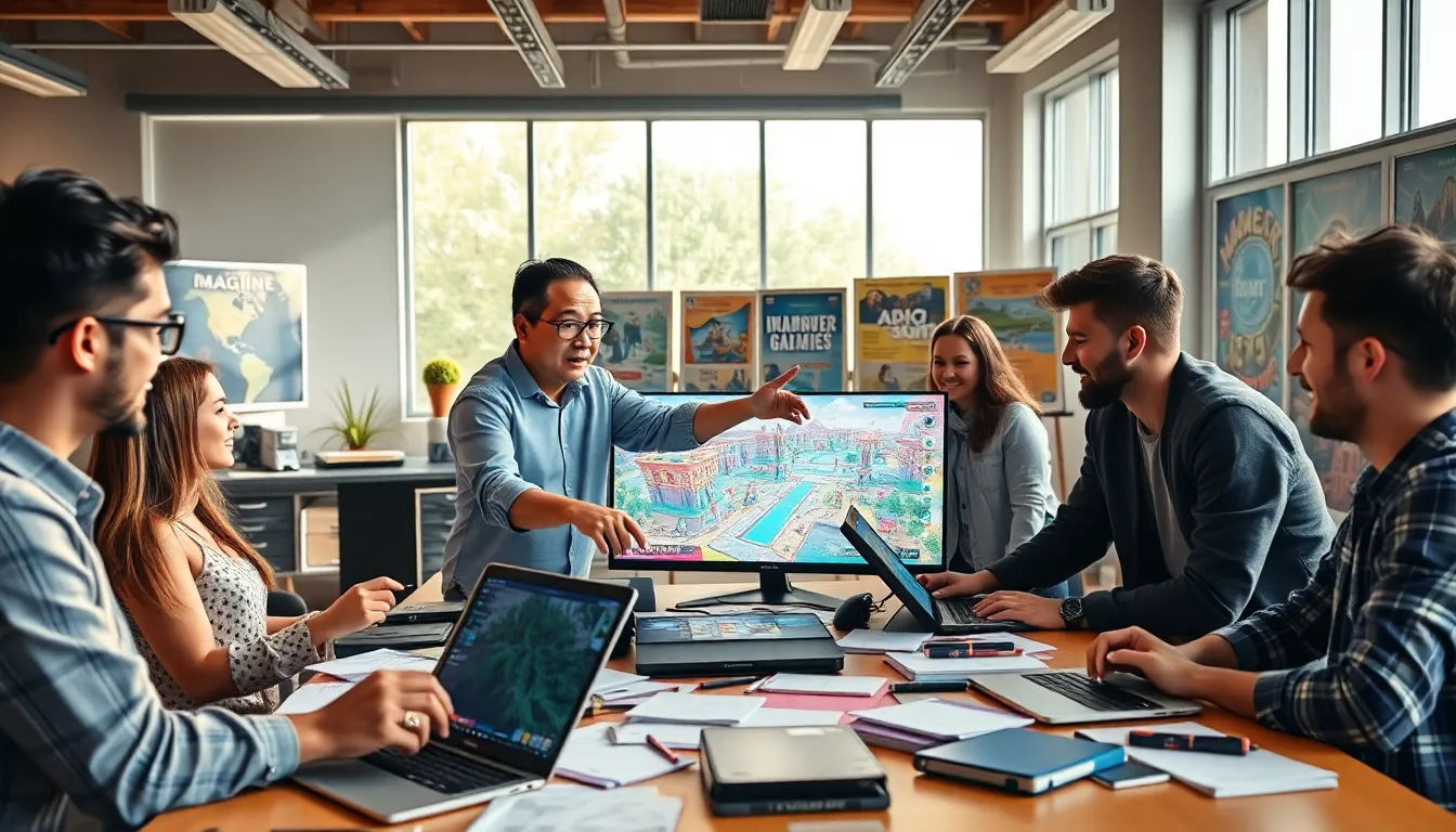 a diverse game development team collaborating in a modern studio.