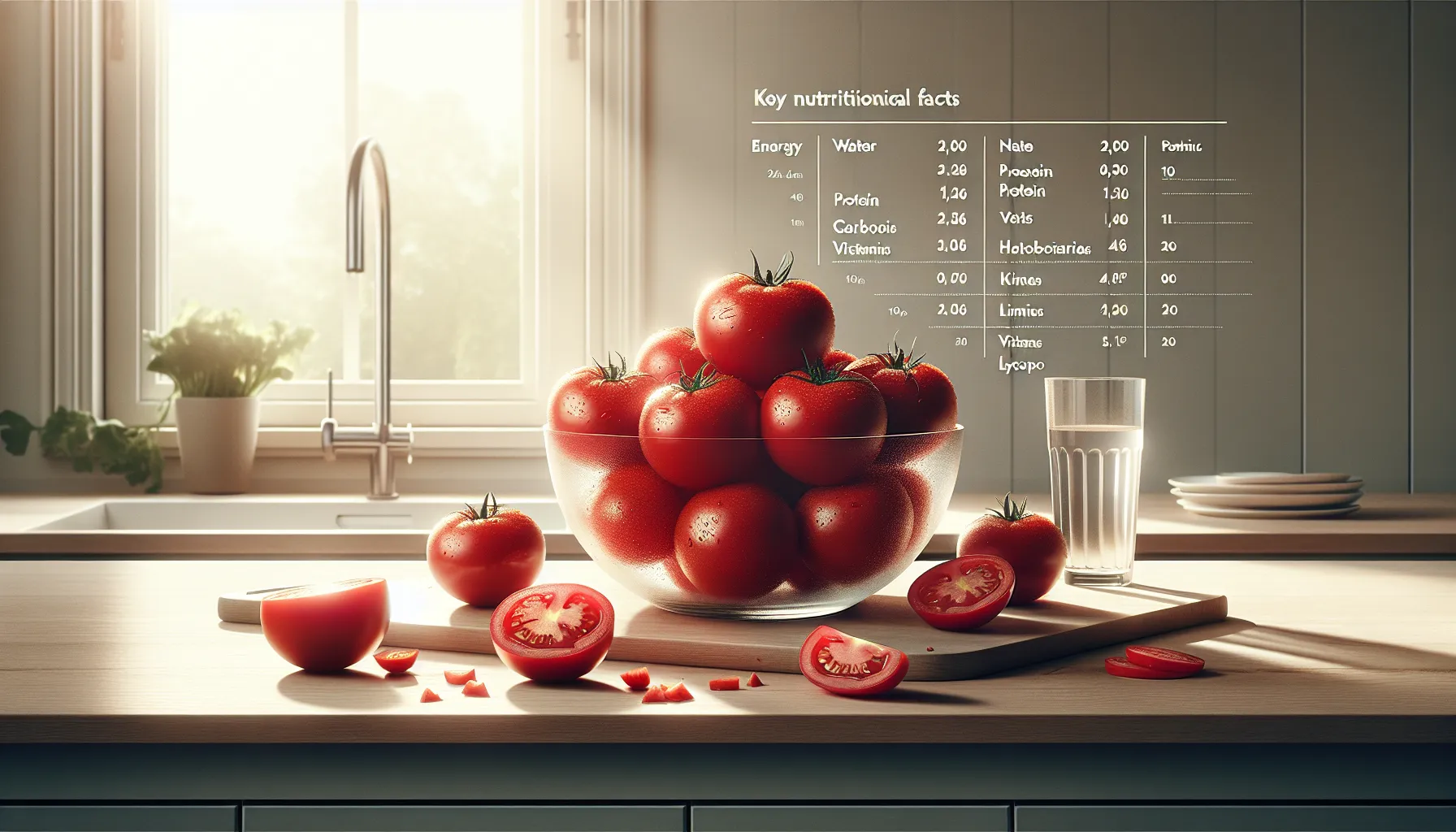Fresh red tomatoes and a minimalist nutrition table in a modern kitchen.