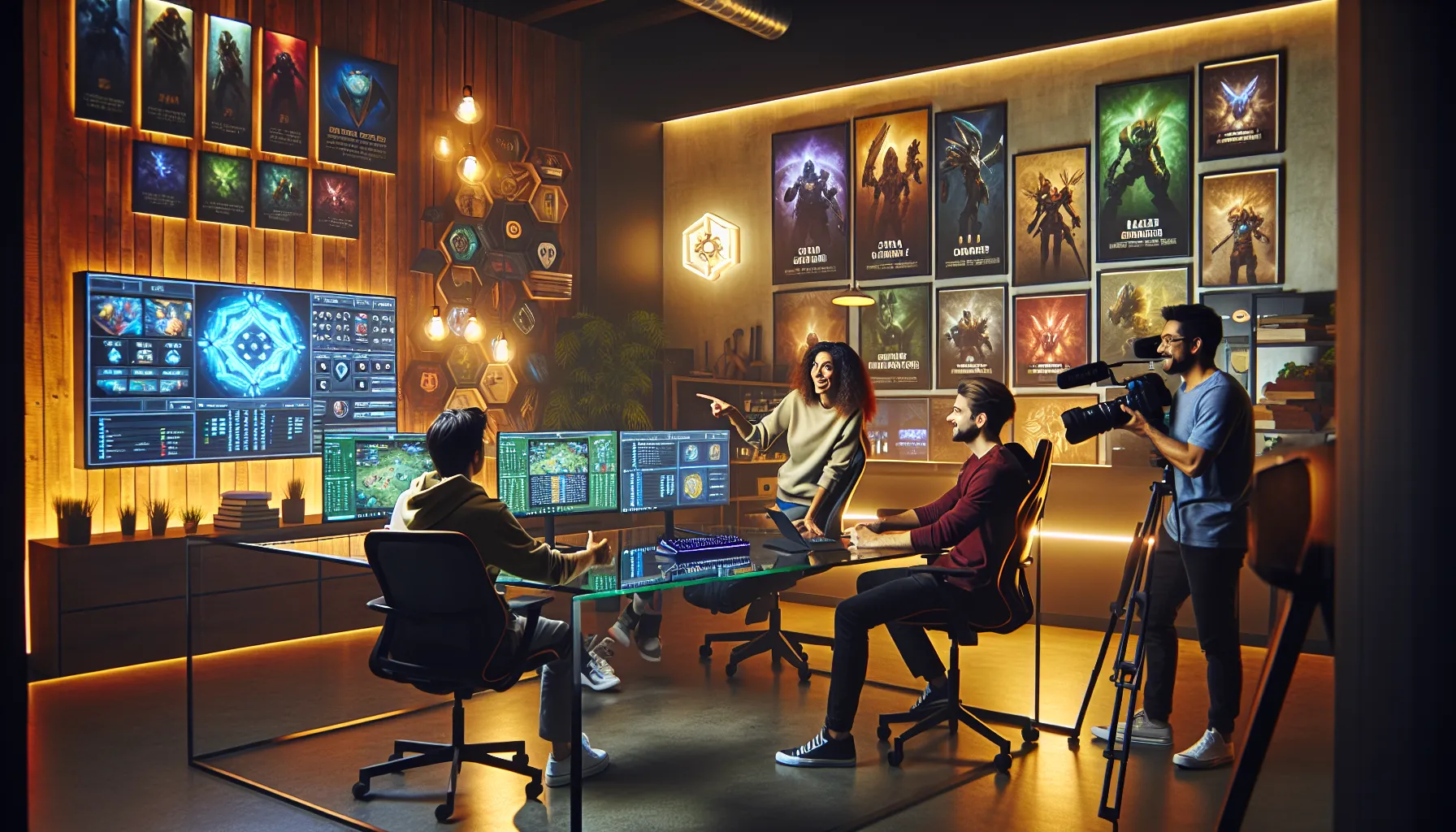 diverse gamers discussing success stories in a modern gaming studio.