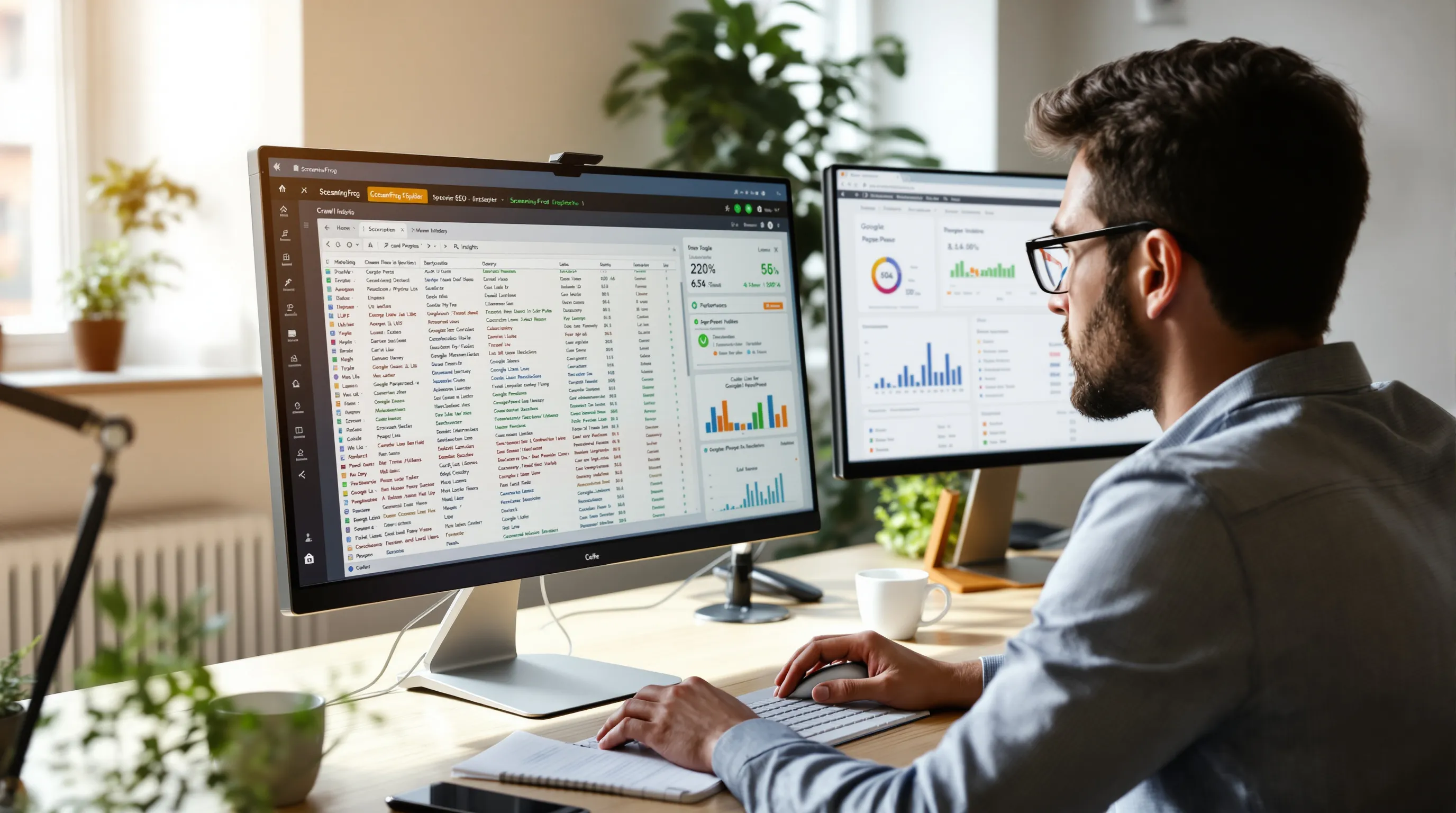 Croatian SEO specialist analyzing Screaming Frog Spider crawl data on computer screen.