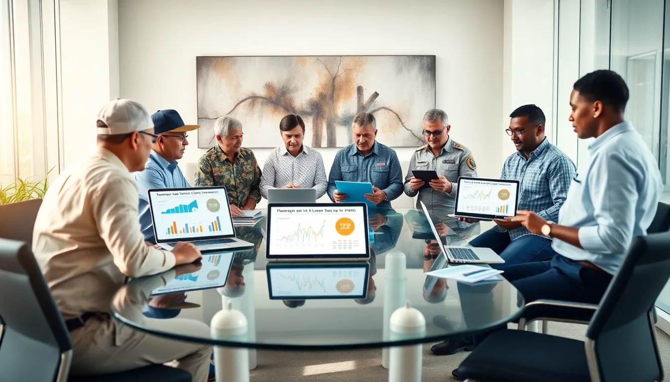 Diverse group discussing VA loan options in a modern office.