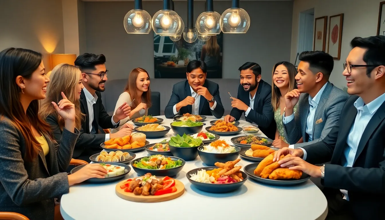 diverse influencers enjoying a dpankbang meal in a modern setting.