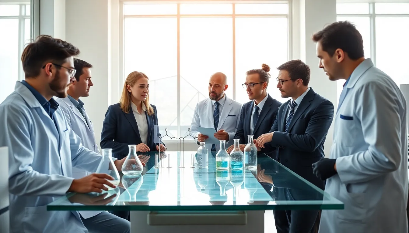 diverse professionals collaborating in a modern laboratory setting.