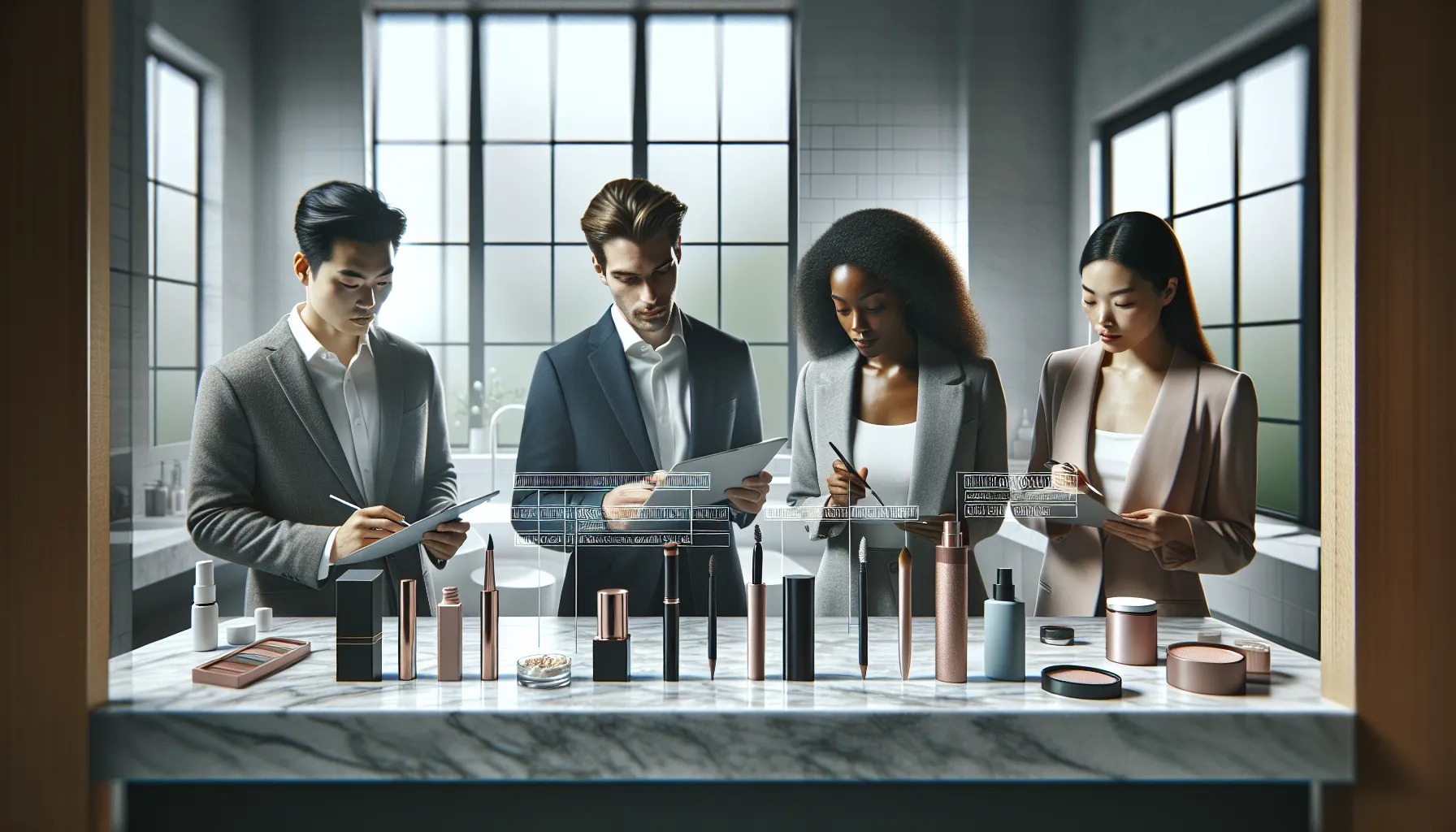 professionals discussing skincare and makeup products in a modern bathroom.