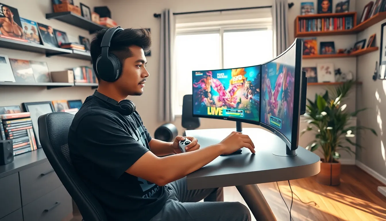 a gamer focused on playing in a cozy home office setting.