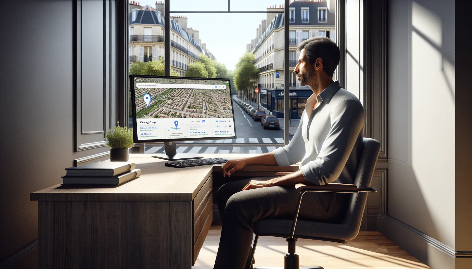Local business owner in Fontenay-sous-Bois viewing top Google search results on screen.