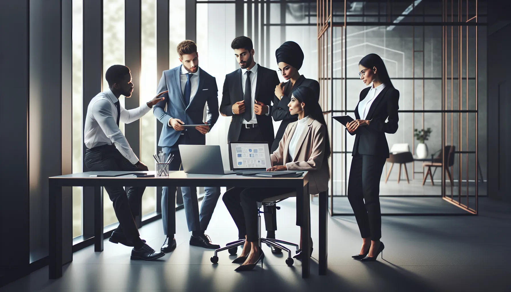 diverse professionals discussing inquiries in a modern office.