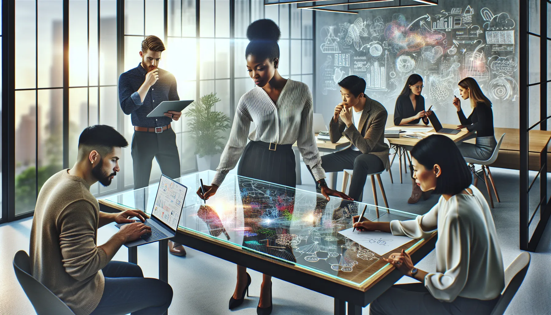 diverse team brainstorming in a modern creative workspace.