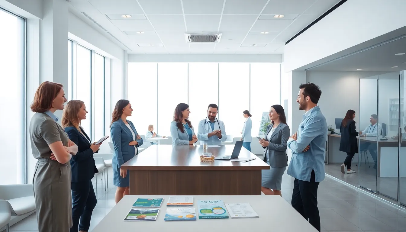 a diverse team in a modern health clinic setting.