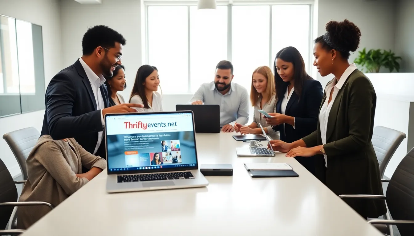 diverse professionals collaborating around laptops in a modern office.