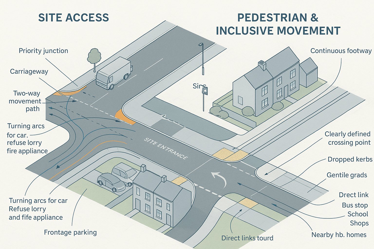Infographic of a safe residential site access with vehicle and pedestrian routes.