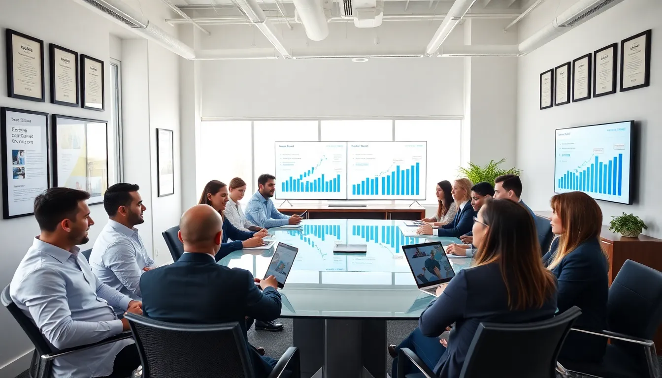 diverse team discussing digital marketing in a modern law office.
