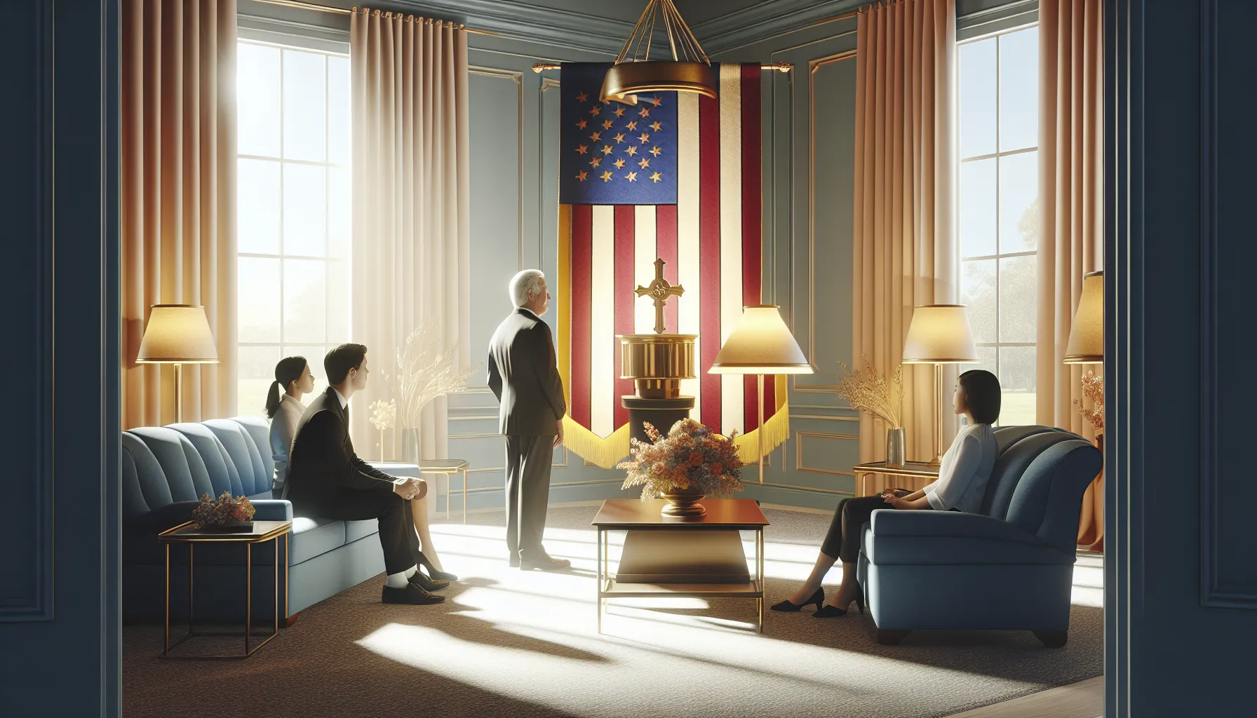 Family discussing an uitvaartstoetvlag in a modern funeral home.