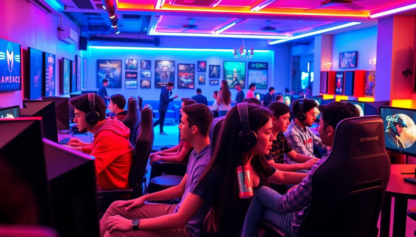 diverse gamers enjoying a vibrant competitive gaming café