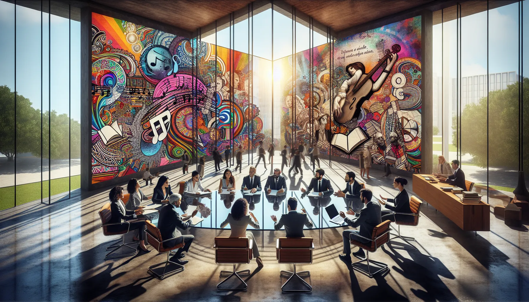 diverse professionals discussing cultural significance in a modern office setting.