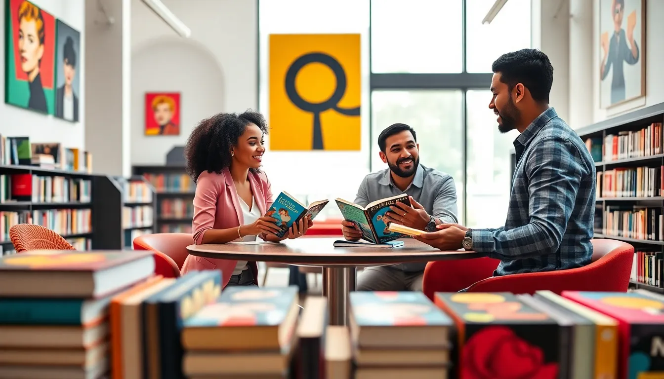 diverse group discussing colorful pop art books in a modern library.