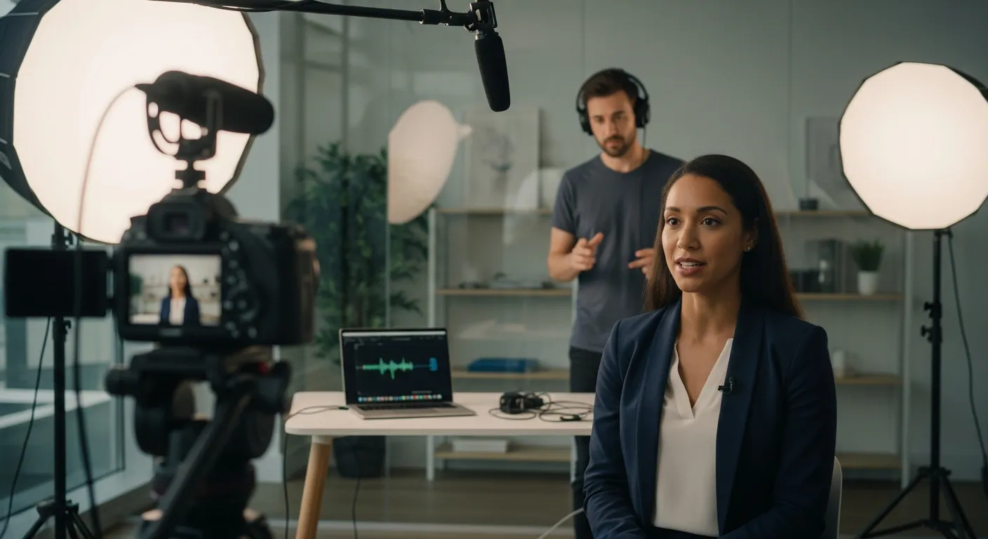 Professional crew filming a confident client testimonial in a well-lit modern office.