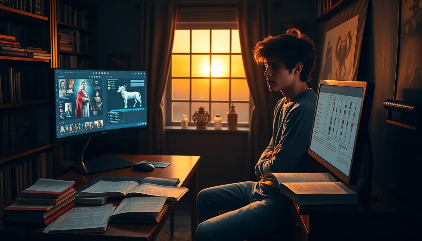 A young man focused on the CK2Generator gaming guide in a study.