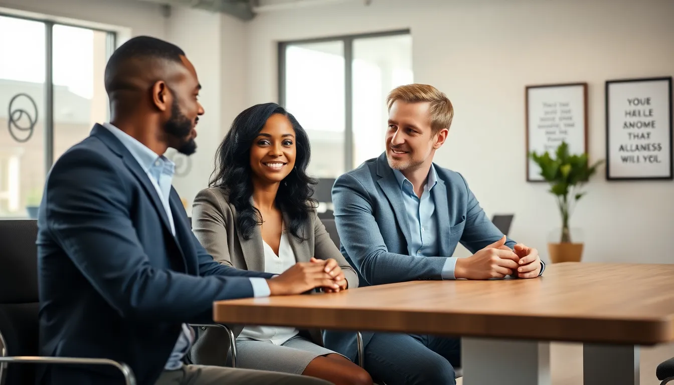 diverse couple discussing biblical relationship principles in a modern office.