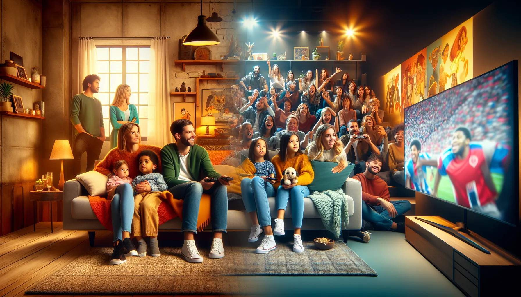 Split-screen of family watching Disney+ and friends streaming Paramount+.