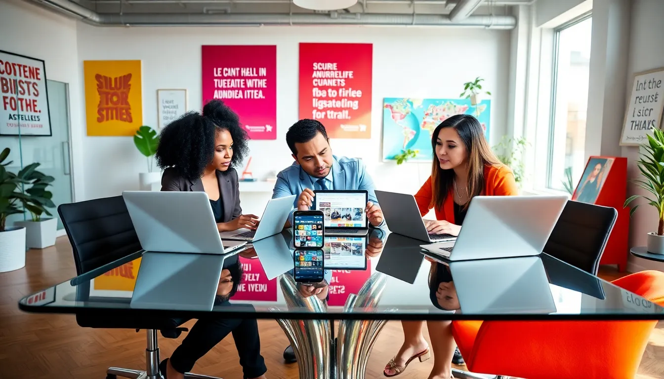 diverse team collaborating on social media content in a modern office.