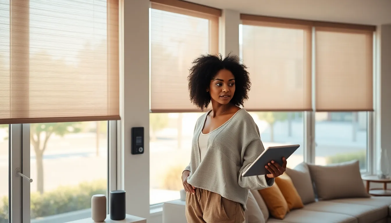 a woman controlling smart blinds in a modern living room.