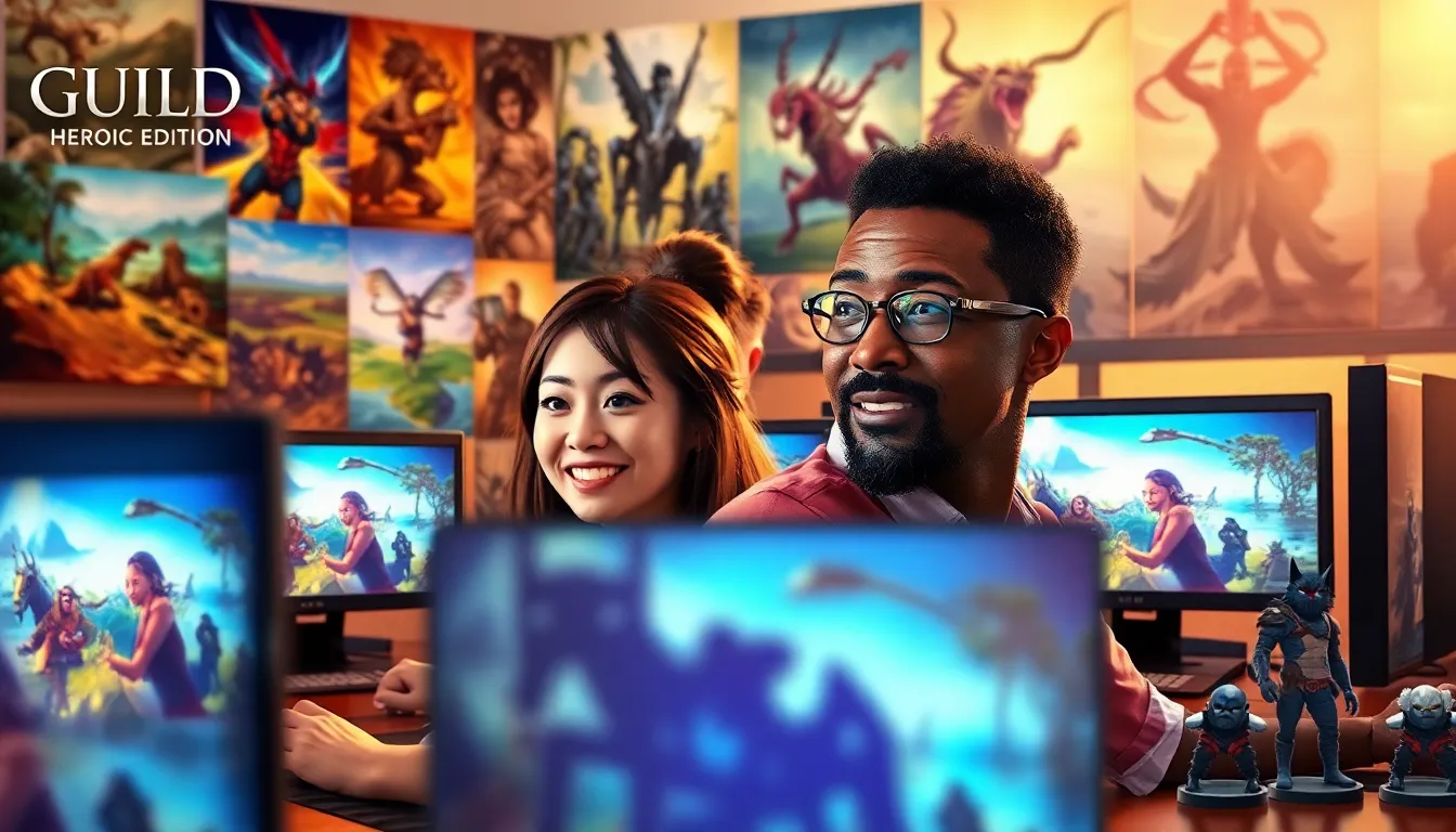 diverse gamers enjoying Guild Wars 2 Heroic Edition in a modern gaming space.