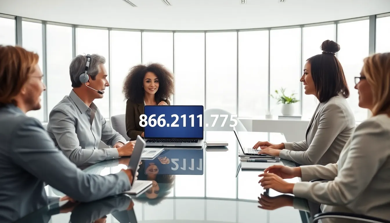 diverse professionals in a conference call discussing a toll-free number.