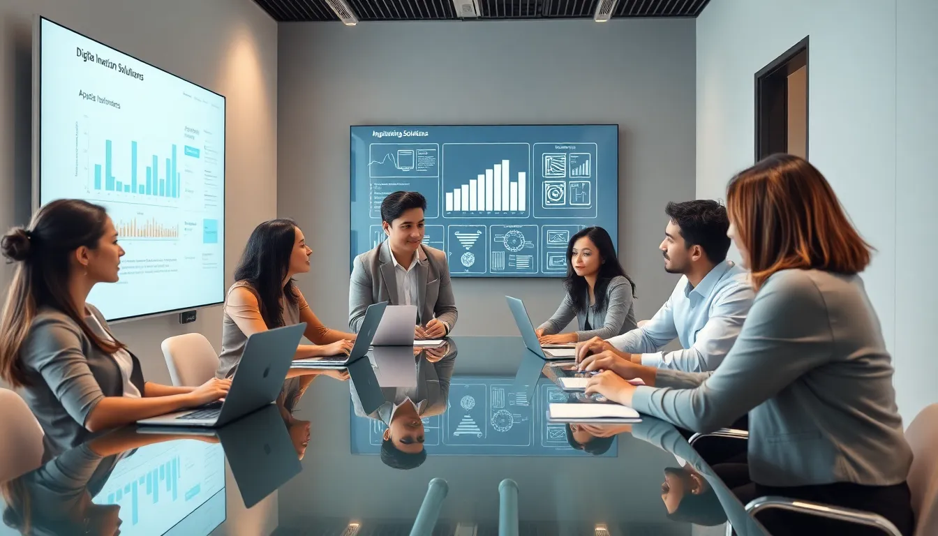 diverse team brainstorming digital innovation solutions in a modern office.