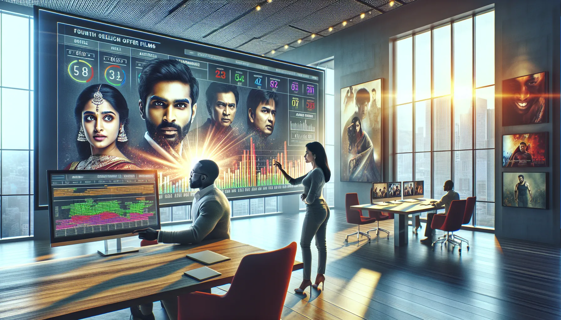 professionals analyzing South Indian film selections in a modern workspace.