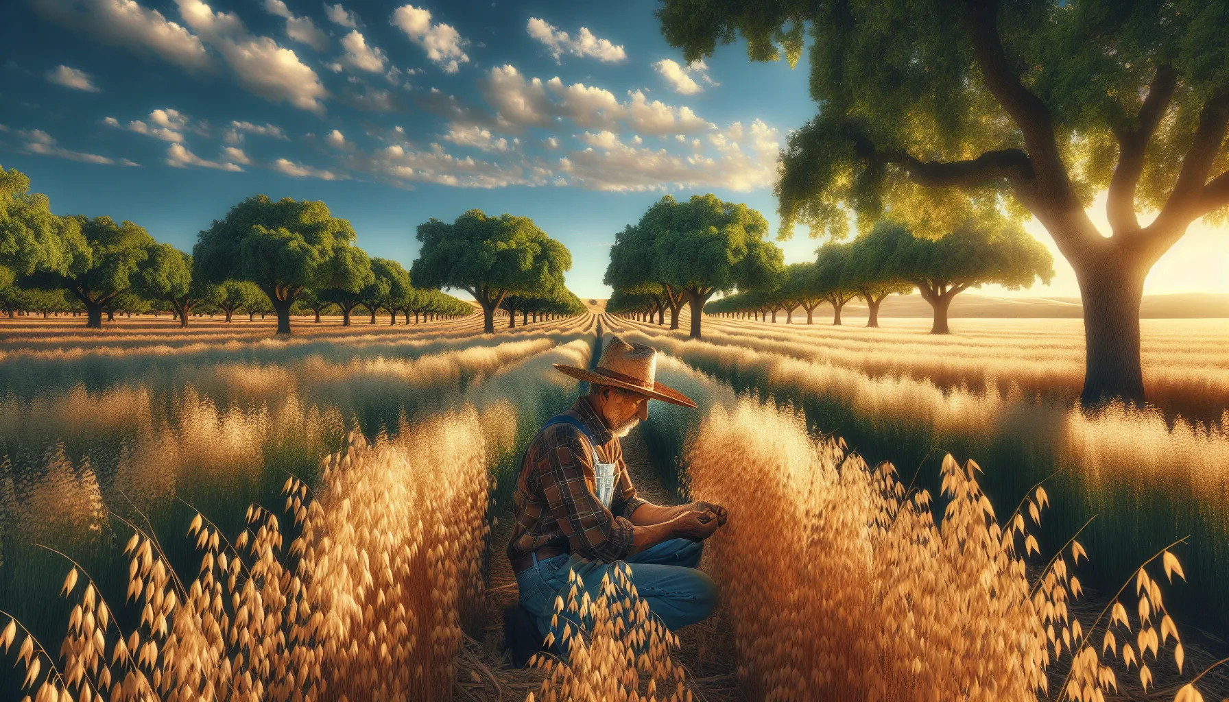 A farmer inspecting almond trees and nearby oat fields in California.