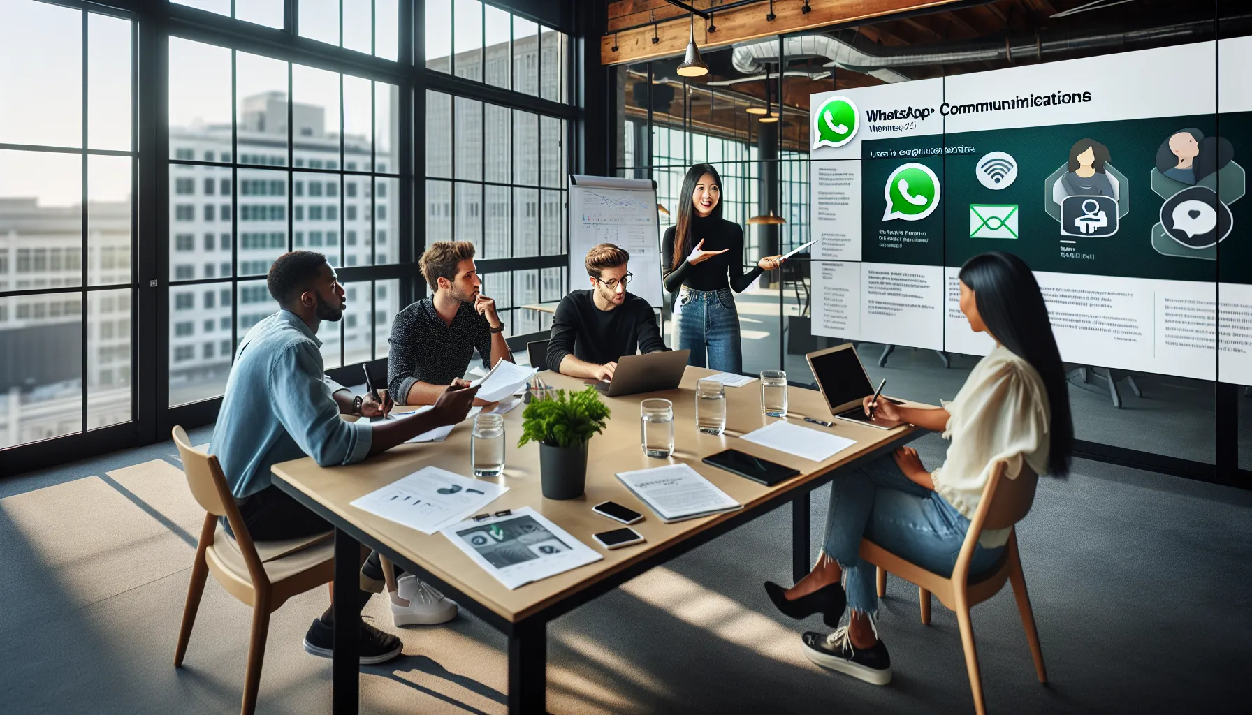 diverse team collaborating in a modern office discussing WhatsApp features.