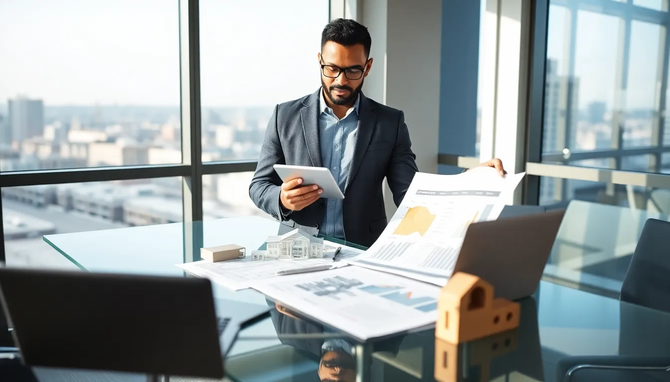 real estate entrepreneur reviewing plans in a modern office.