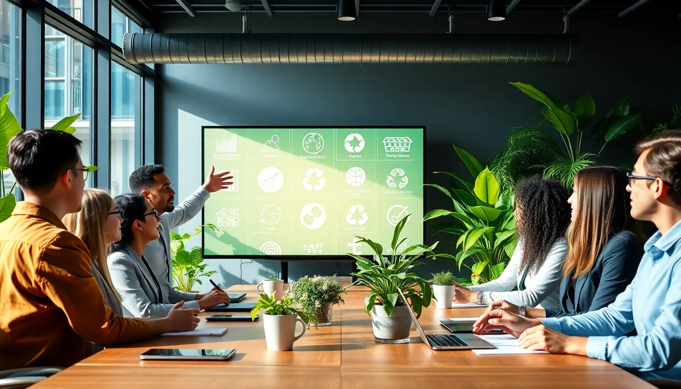 professionals discussing sustainable living strategies in a modern office.