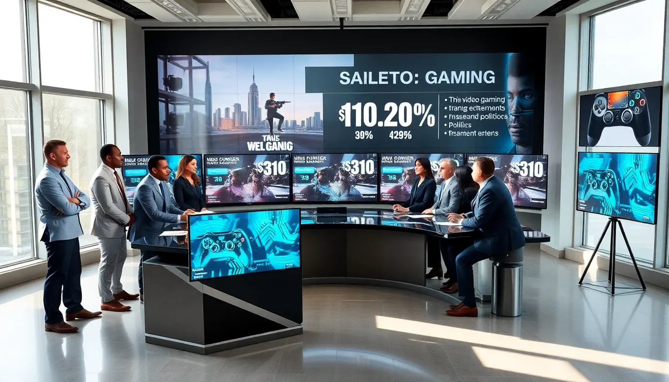 media professionals discussing video gaming trends in a modern newsroom.