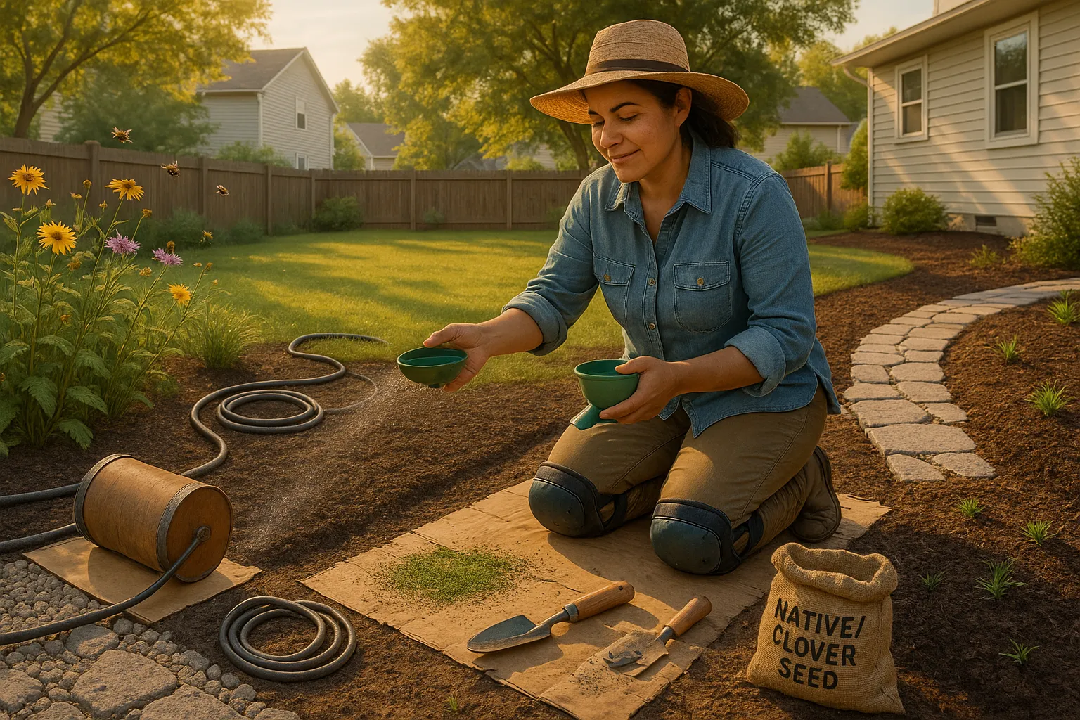 Person seeding a native meadow/clover lawn in a suburban backyard at sunrise.