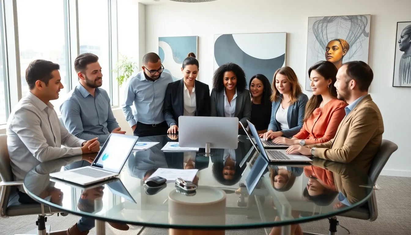 diverse team discussing online business strategies in a modern office.
